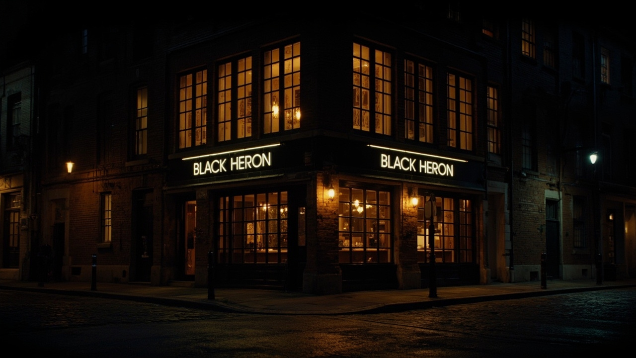 Black Heron restaurant exterior at night, warm light through tall windows, corner of North Mills Avenue