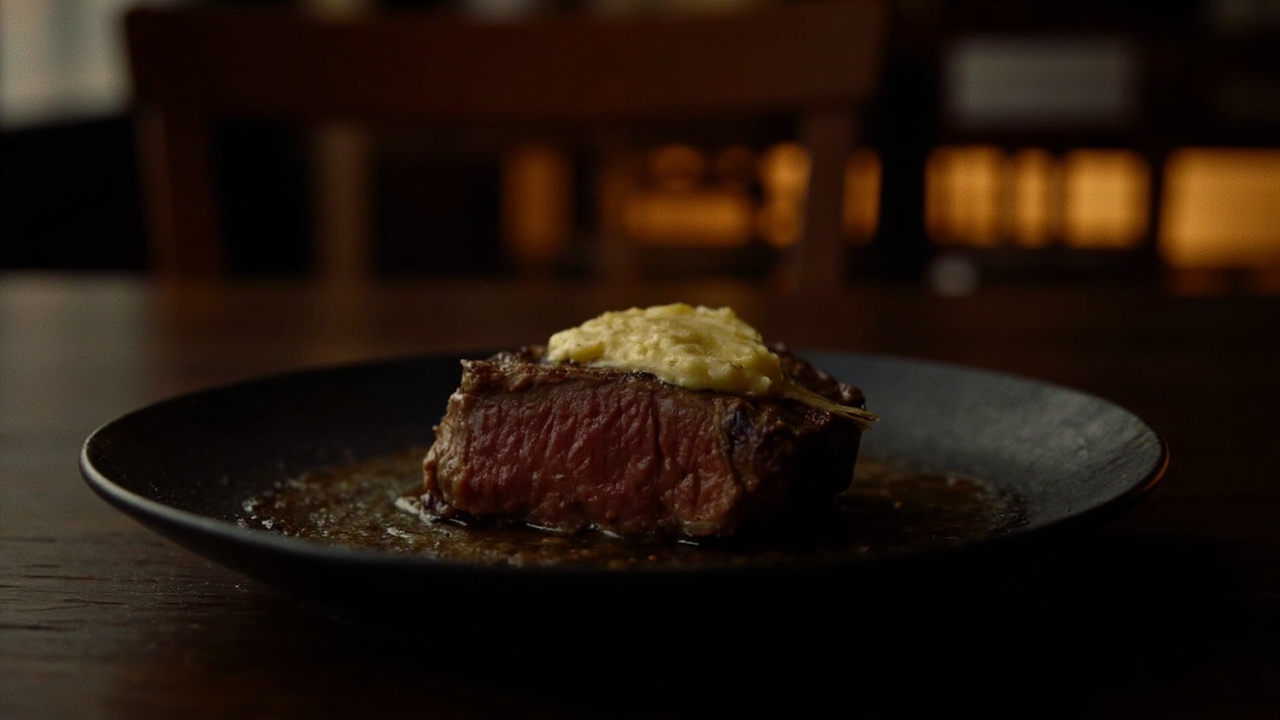 Sliced dry-aged ribeye on matte black plate with melting bone marrow butter