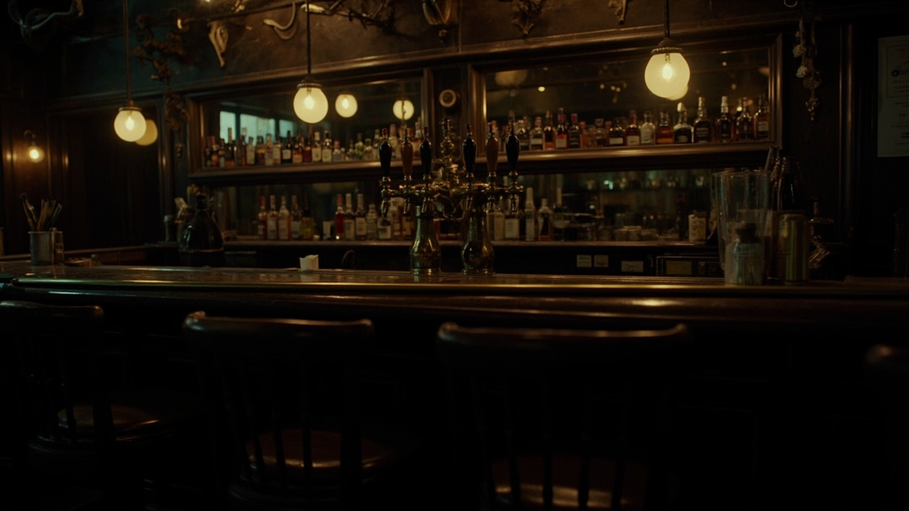 Black Heron pub interior, brass beer taps and warm tungsten light